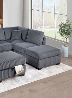 English Elm Dark Gray Wide-Welt Corduroy Sectional Sofa 3pc L-Shaped Reversible Chaise w/ USB Storage Ottoman B011S01771