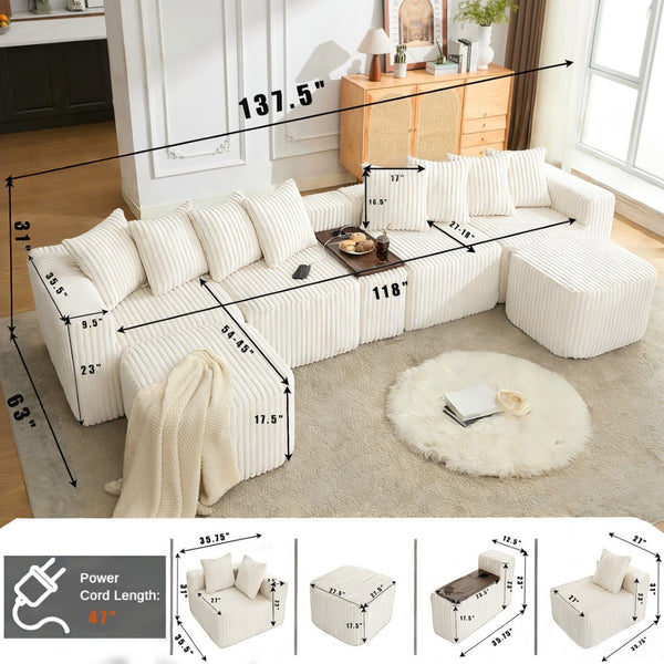 English Elm [new U-shaped Corduroy Sectional with Usb Charging Console and Movable Modules Beige W2108S00176