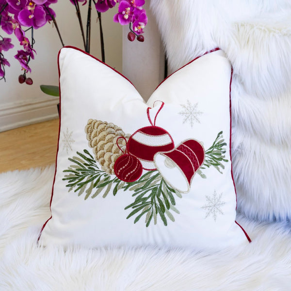 English Elm White Christmas Throw Pillow – Elegant Pinecone & Ornament Embroidery, 20X20 With Hidden Zipper B357P361356-GIGA