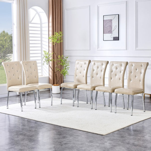 English Elm A Set of 2 Crystal Button Faux Leather Dining Chairs with Embossed Croc Texture Beige,Silver W3226P344041