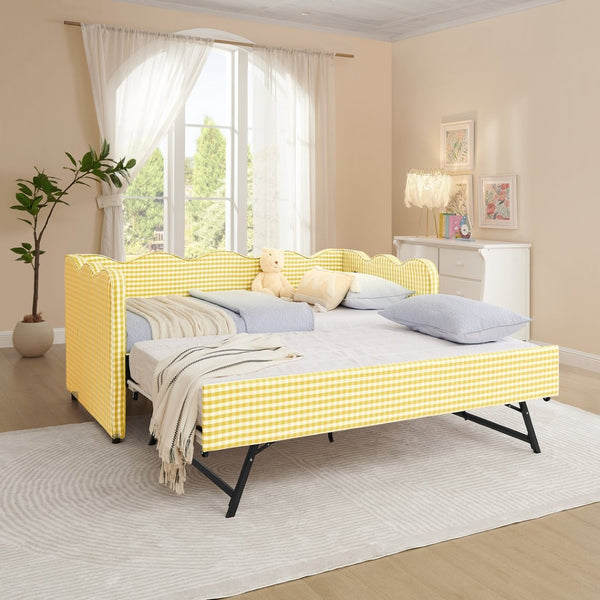 English Elm Cozy Gingham Linen Daybed with Pull Out Trundle Usb Port Wave Back Twin Sofa Yellow W1413S00121