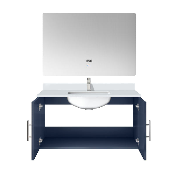 English Elm Navy Blue Bath Vanity Set With White Quartz Top, Chrome Faucet, And Led Mirror For Modern Spaces B2731S01313