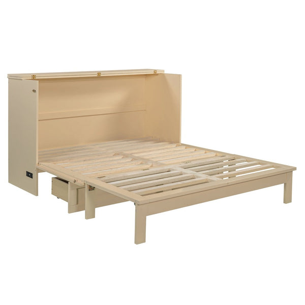English Elm Queen Murphy Wall Bed with Usb Ports Storage Drawers and Cabinet Style Panel Front Gold N708S00010G-1