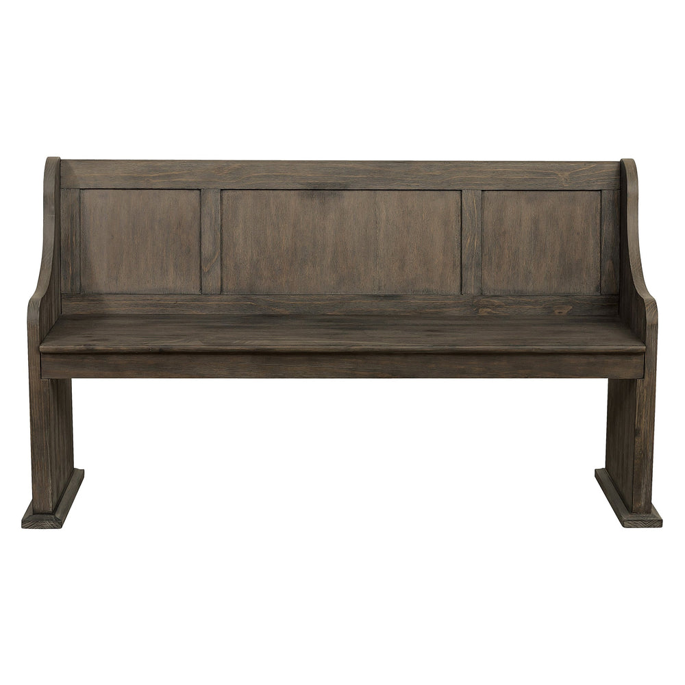 English Elm Dark Oak Distressed 62" Dining Bench with Curved Arms and Wooden Backrest, Church-Pew Style Seat B011P363841