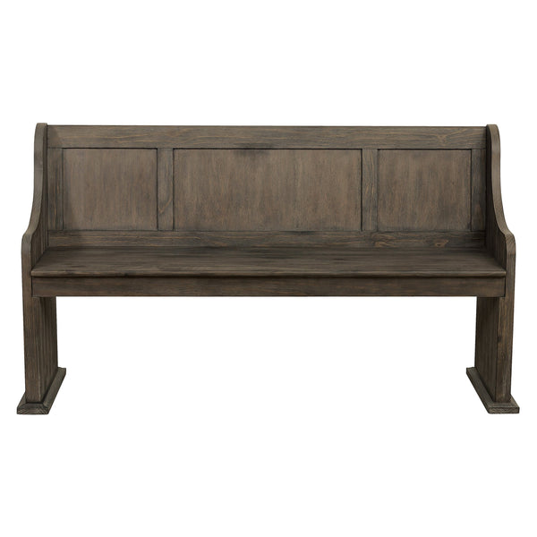 English Elm Dark Oak Distressed 62" Dining Bench with Curved Arms and Wooden Backrest, Church-Pew Style Seat B011P363841