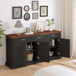 English Elm 63" Fluted Mdf Sideboard with Wood Tone Top Four Doors Three Drawers Dining Storage Black W2917S00010