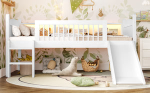English Elm Twin Xl Solid Pine Loft Bed with Built-in Led Lighting and Storage Shelves Light White W1580S00364