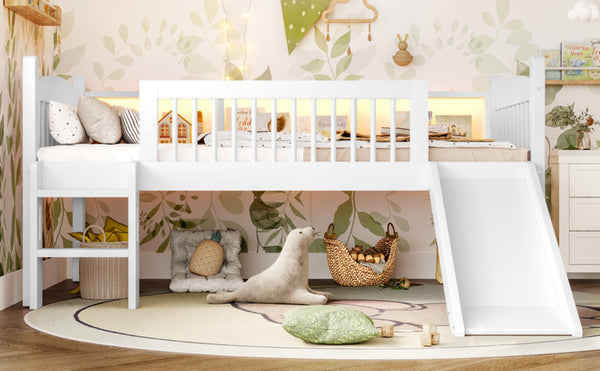 English Elm Twin Xl Solid Pine Loft Bed with Built-in Led Lighting and Storage Shelves Light White W1580S00364