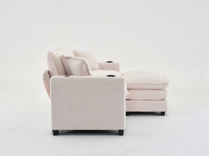 English Elm L Shape Sofa Couch With Usb Port & Cup Holder, Stylish Corduroy 2-Seater In Beige For Small Spaces W2100S00140