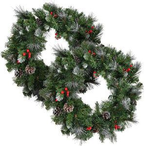 Christopher Knight Home® - Noble House - - 2-Packed 24'' Glitter Bristle Mixed Wreath With With 9 Red Berry And 9 Pine Cones And 50 Warm White Led Lights With Timer-Battery Operated-Outdoor, 150 Tips