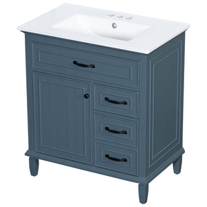 English Elm 30 Inch Freestanding Bathroom Vanity Solid Pine Cabinet Ceramic Sink Top Storage Blue Gray N725P412782C