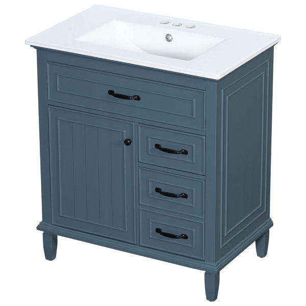 English Elm 30 Inch Freestanding Bathroom Vanity Solid Pine Cabinet Ceramic Sink Top Storage Blue Gray N725P412782C