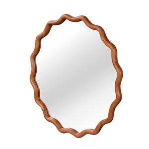 English Elm Yellowish Wavy 30" Round Solid Wood Frame Mirror with Tempered Glass — Rustic Elegant Vanity Accent W2203P389076