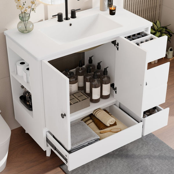 English Elm 36" Freestanding Bathroom Vanity Solid Wood Cabinet Ceramic Basin Four Drawers White W1580P382510