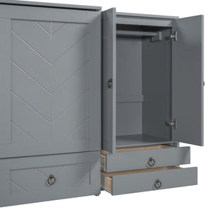 English Elm Queen Murphy Bed with Wardrobe Cabinets Built-in Usb Charging and Concealed Drawers Gray LP000590AAE