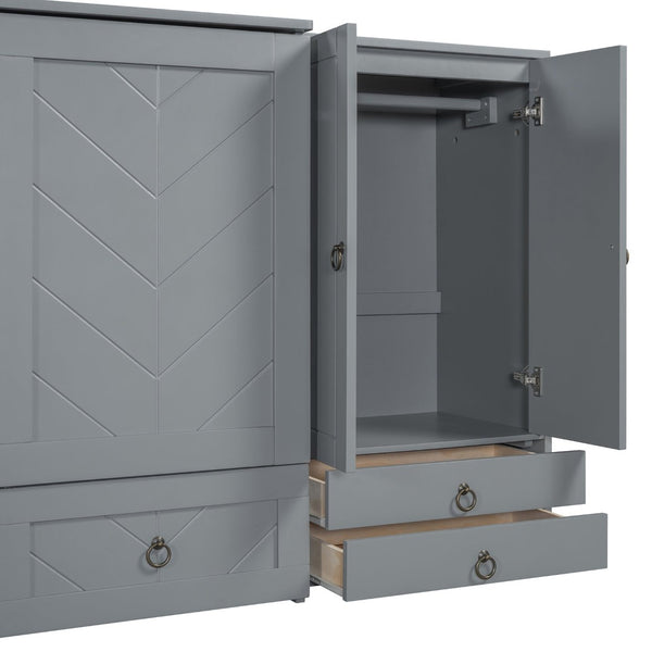 English Elm Queen Murphy Bed with Wardrobe Cabinets Built-in Usb Charging and Concealed Drawers Gray LP000590AAE