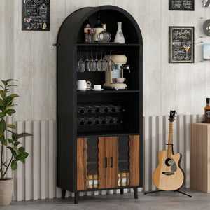 English Elm 71"Farmhouse Arched Wine Bar Cabinet with 15 Bottle Racks, 16 Glass Holders, Anti-Tip Safety for Living/Dining Black+Natural W2977P338242