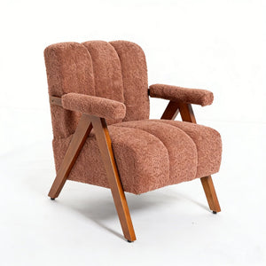 English Elm Mid-century Modern Chenille Lounge Chair Set Oak Frame Cloud Silhouette Living Room Rust Red W1170S00049