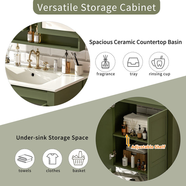 English Elm 30'' 30'' Farmhouse Bathroom Vanity Olive Green with Ceramic Sink, Adjustable Shelves, Soft-Close Doors, Rustic Wood Frame N729P290712F