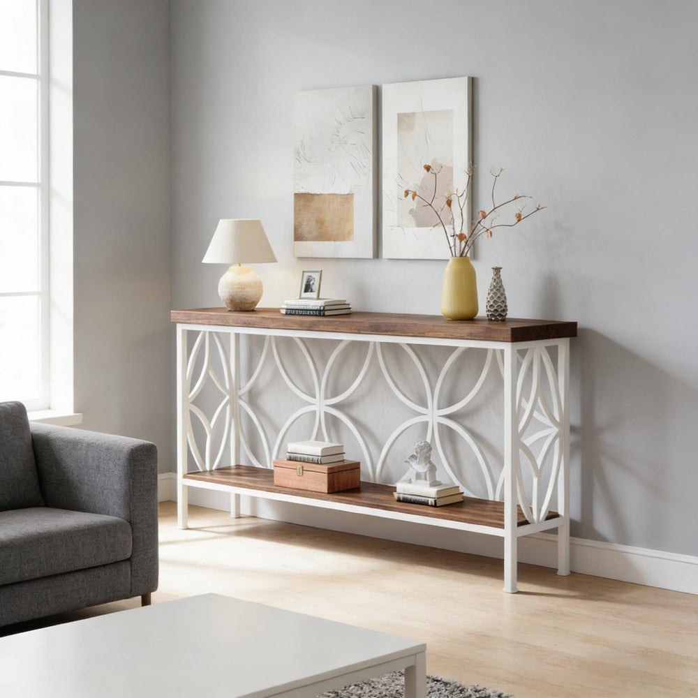 English Elm Coffee Console Table Industrial Metal Frame Vintage Wood Grain 2 Tier Entryway Sofa Rustic,White T3971P446786