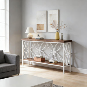 English Elm Coffee Console Table Industrial Metal Frame Vintage Wood Grain 2 Tier Entryway Sofa Rustic,White T3971P446786