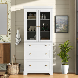 English Elm 70.1" Modern Tall Storage Cabinet with 3 Drawers, 2 Adjustable Shelves, Soft-Close Glass Doors, Gold Handles White N729P271979K