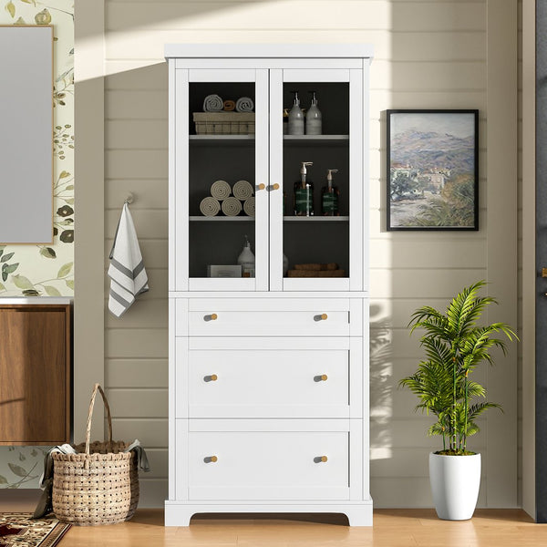 English Elm 70.1" Modern Tall Storage Cabinet with 3 Drawers, 2 Adjustable Shelves, Soft-Close Glass Doors, Gold Handles White N729P271979K