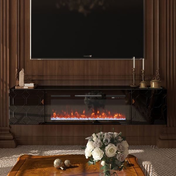 English Elm 67 in. Black Media TV Stand with High Gloss Honeycomb Doors, Gold Handles, Modern Storage Elegance T3609P347458