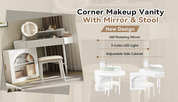 English Elm Corner Makeup Vanity Desk with 360° Rotating LED Mirror, Adjustable Brightness, L-Shaped Corner Design and Pull-Out Storage for Small Spaces White N844P263663A