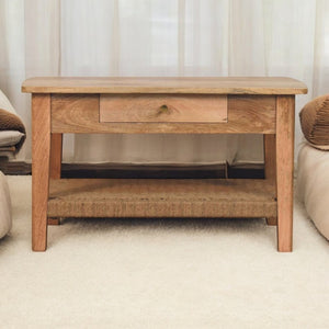 English Elm Solid Wood Rustic Modern Coffee Table With Rope-Woven Shelf & Hidden Drawer For Stylish Storage B182P279157-GIGA