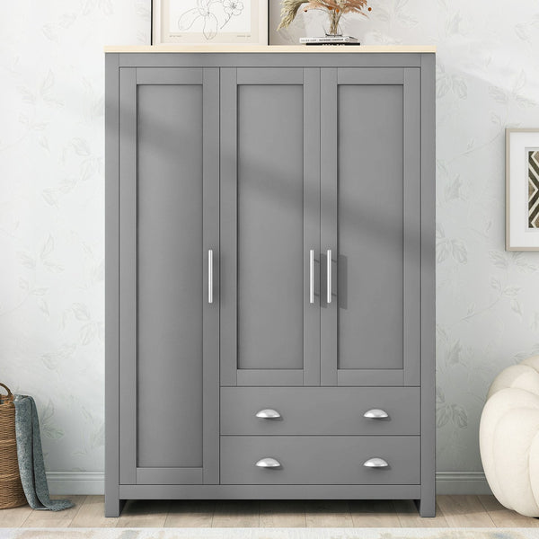 English Elm Three Door Pine Wardrobe with Two Drawers & Dual Hanging Rods, Gray Storage Armoire for Closet Organization, Sturdy MDF Build GX001834AAE