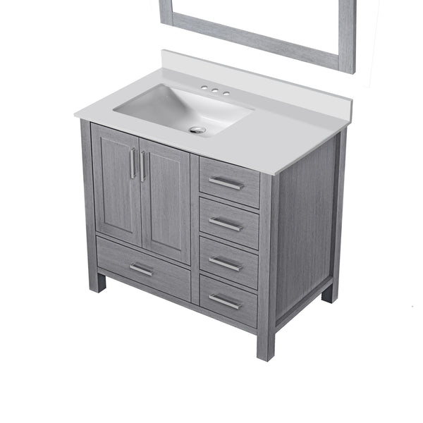 English Elm Distressed Grey Bath Vanity Set With Cultured Marble Top, Storage, And Matching 34" Mirror - Style Up! B2731S00784