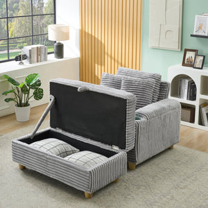 English Elm Grey corduroy single sofa with ottoman storage, built-in armrest compartments, washable covers, 500lb capacity W1658S00139