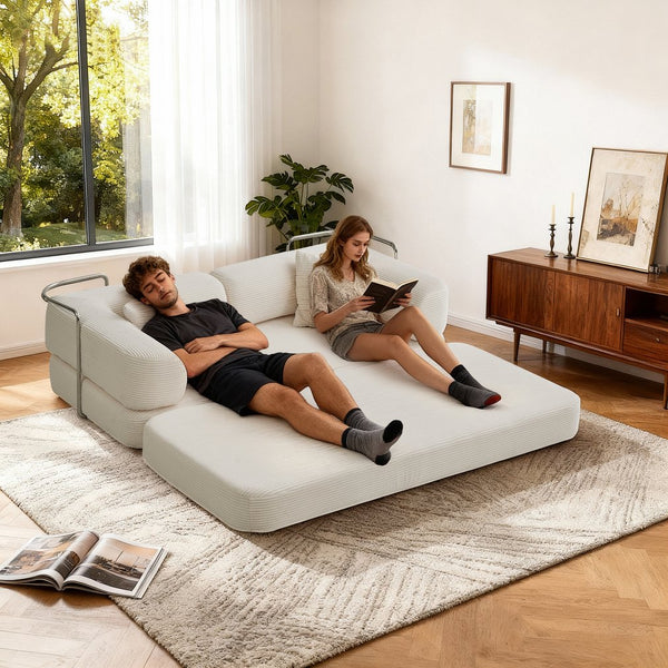 English Elm Floor Floor Couch Convertible 5-in-1 Corduroy Sofa Bed with Pillow-to-Blanket, Reinforced Frame Cream W3565P354961