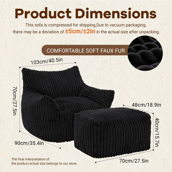 English Elm Curved Corduroy Suede Lounger with Ottoman Ergonomic Support for Modern Small Spaces Black W3737P423669