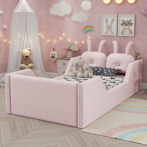 English Elm Twin Kids Platform Bed Teddy Fabric Upholstered with Bunny Cushions and Safety Rails Pink W2593P395807
