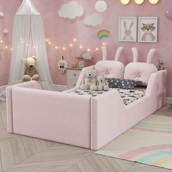English Elm Twin Kids Platform Bed Teddy Fabric Upholstered with Bunny Cushions and Safety Rails Pink W2593P395807