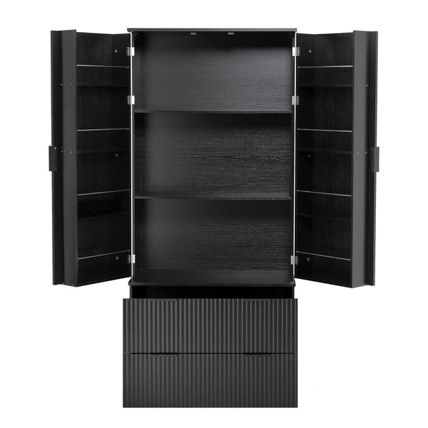 English Elm 72" Modern Fluted Pantry Cabinet with 2 Large Silent Drawers, 8-Door Spice Rack & Adjustable Shelf Organizer Black W2917P294988