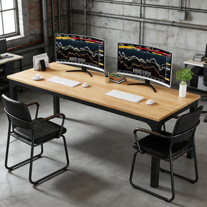 English Elm Dual Workstation Computer Desk with Iron Pipe Legs for Two Person Home Office Walnut T3971P460779