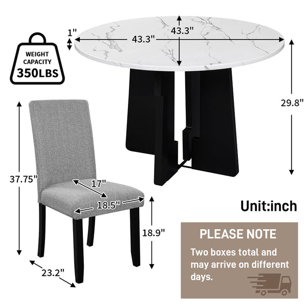 English Elm 5-Piece Round Dining Set with 43" Modern MDF Table and 4 Upholstered Fabric Chairs for Compact Spaces White+gray N752S001055E