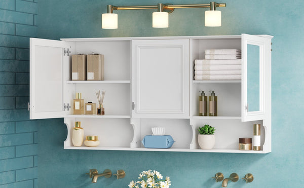 English Elm 55 Inch Wall Mount Medicine Cabinet Dual Mirrored Doors Soft Close Bathroom Vanity Storage N710P401337K