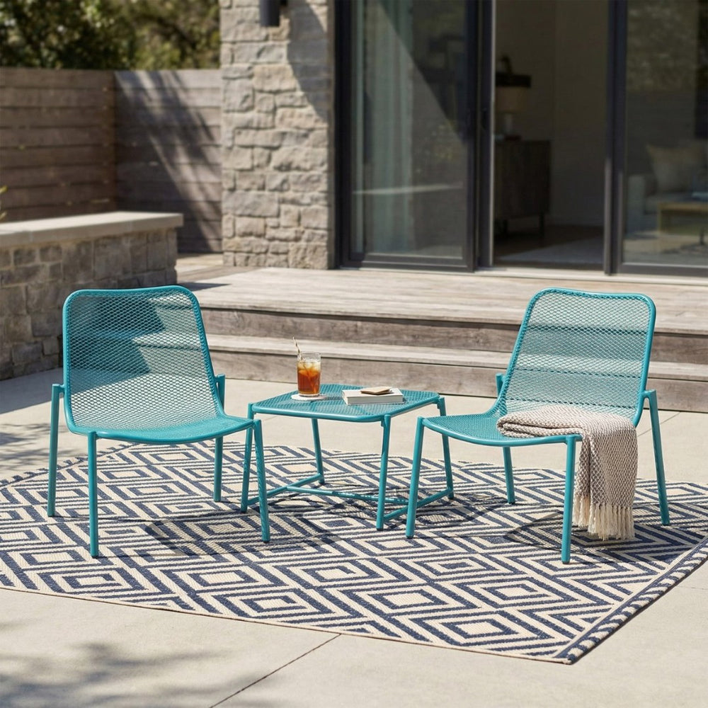 English Elm Kincaid Outdoor Iron Mesh Conversation Set Rust Resistant Patio Chairs with Side Table Teal N775P392159T