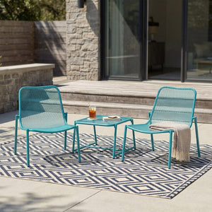 English Elm Kincaid Outdoor Iron Mesh Conversation Set Rust Resistant Patio Chairs with Side Table Teal N775P392159T