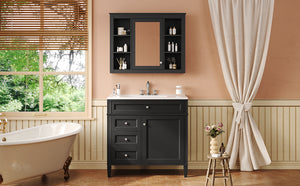 English Elm 36'' Modern Bathroom Vanity Set With Mirror, 2 Drawers, Tip-Out Storage & 6 Open Shelves For Organization N710S236006B