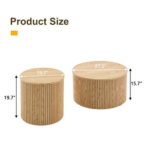 English Elm 2-piece Round Nesting Tables with Fluted Column Base Hidden Storage Oak Grain Finish Wood W3875P396797