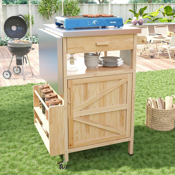 English Elm K&K 40.5" Outdoor Grill Cart with 201 Stainless Top, Solid Fir Storage, Drop Leaf & Lockable Wheels Natural N707P228272Y