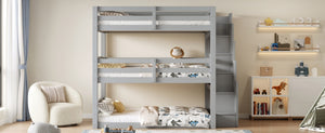 English Elm Full Size Triple Bunk Bed Solid Pine Frame with Storage Staircase Separate Convertible Design Gray N7090000477E
