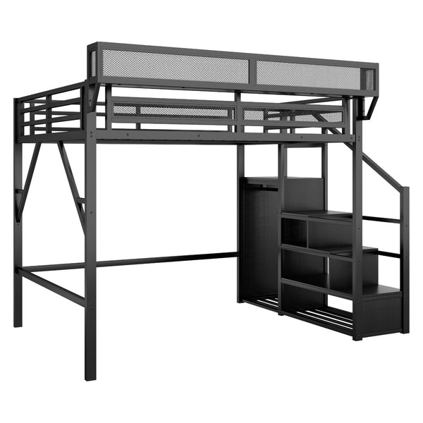 English Elm Queen Metal Loft Bed with Stair Storage Wardrobe and Under-bed Space for Teens W2580S00059