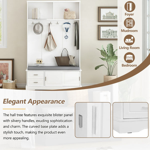 English Elm On-Trend Elegant Hall Tree With Sliding Doors, 6 Hooks, Mudroom Bench & Cushion For Organized Entryway N721P205787K-GIGA