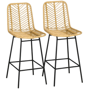 English Elm HOMCOM Boho Rattan Counter Stools Set of 2 26" Height Breathable Wicker Seats Steel Frame, Yellow W2225P200469
